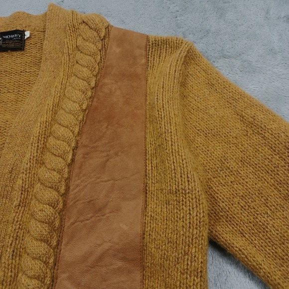 Vintage 60s Cardigan Mens Medium Brown Shetland Suede Leather Sweater Wickbury - Picture 3 of 7